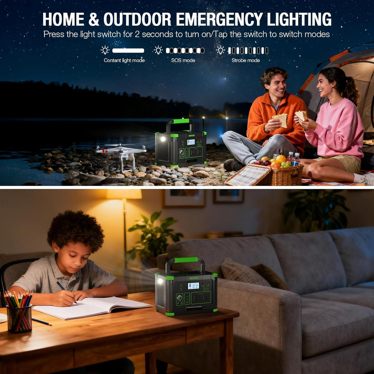 Centrale électrique compact and portable 1000 W (2000 W en crête) 999 Wh, générateur solaire 110 V à onde sinusoïdale pure, prise secteur avec charge rapide USB-C 60 W, idéale pour le camping, les caravanes, les fourgonnettes, les habitations