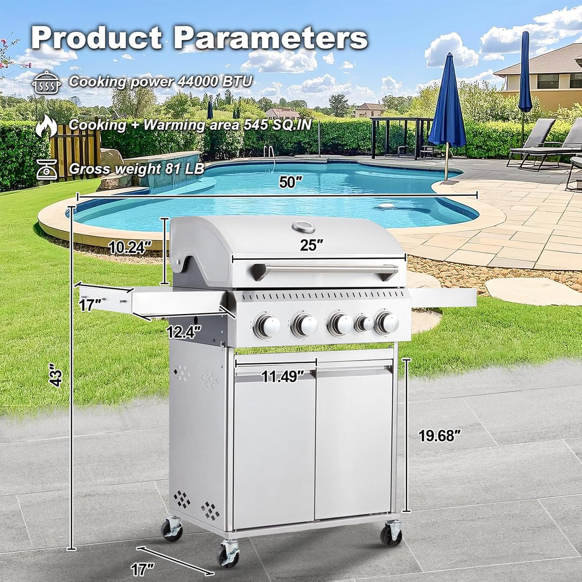 BBQ à gaz propane amélioré à 4 brûleurs avec grilles en fonte et réchaud latéral, brûleur en acier inoxydable de 44 000 BTU pour terrasse, camping et cuisine en plein air.