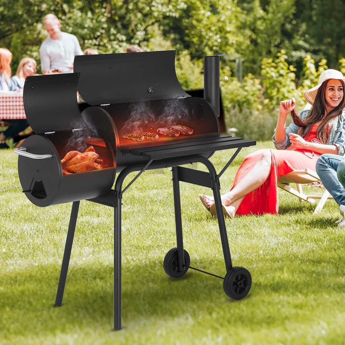 BBQ à charbon FDW de 109 cm (43 pouces) pour plusieurs personnes, avec double grille de cuisson, idéal pour le camping, le jardin, la terrasse et les fêtes, noir.