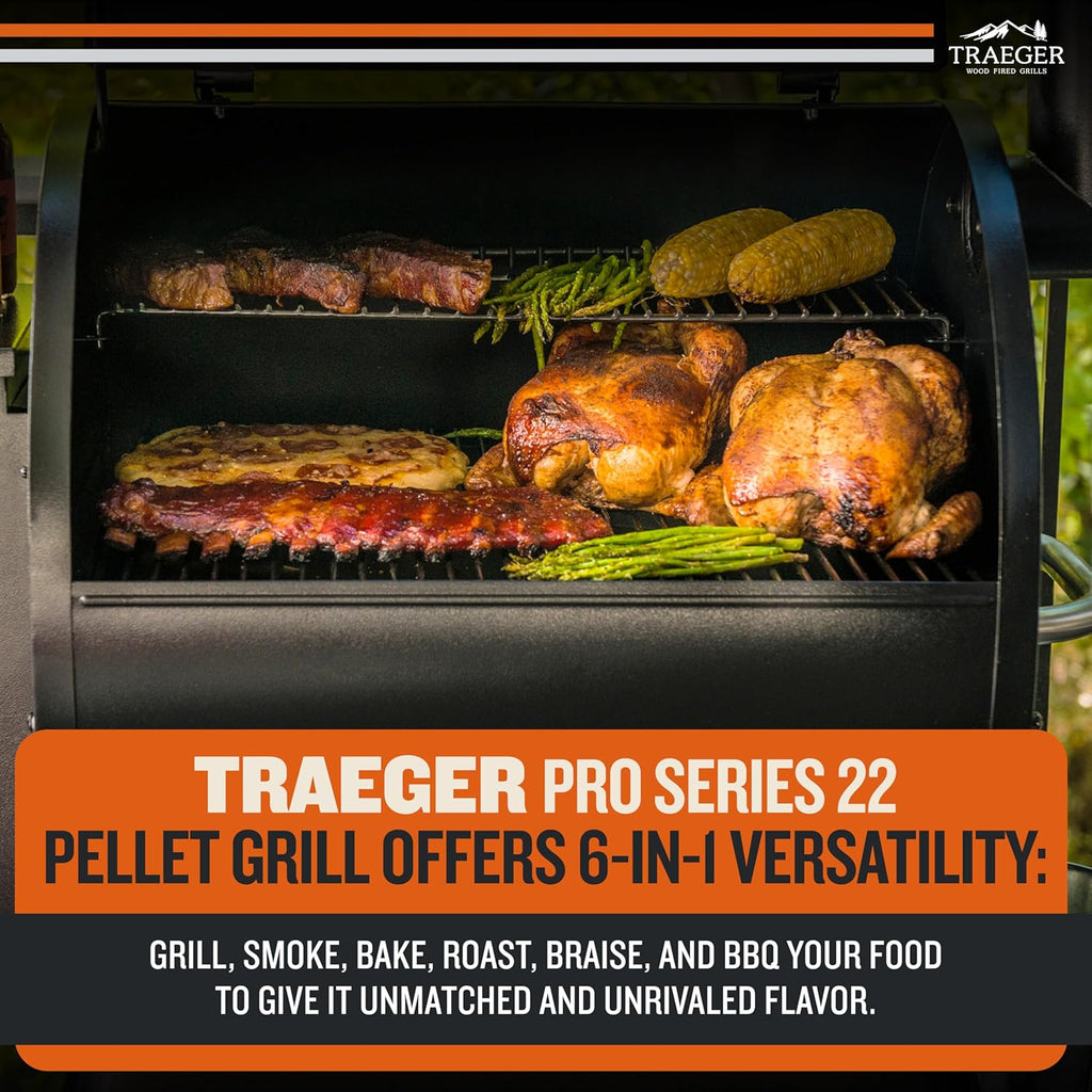 BBQ et fumoir électrique à granulés de bois Traeger Grills Pro 22 : un appareil polyvalent 6 en 1 offrant une capacité de cuisson de 572 po² (3 760 cm²), une sonde à viande, une température maximale de 450 °F (232 °C) et une trémie de 18 lb (8,2