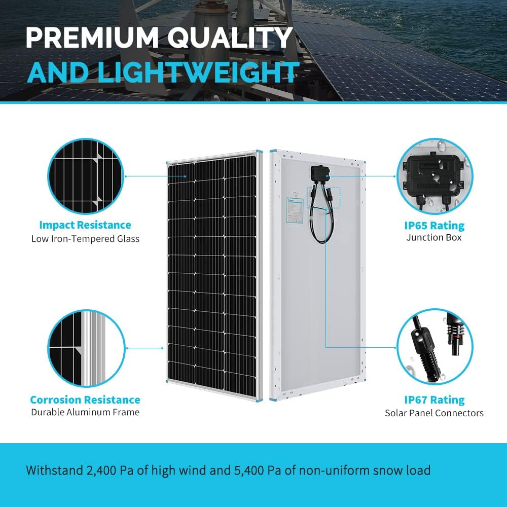 Kit de panneau solaire monocristallin Renogy 200 W 12 V pour camping-car, avec contrôleur de charge PWM LCD Adventurer 30 A et supports de montage pour camping-car, bateau, caravane et système d'énergie solaire autonome.