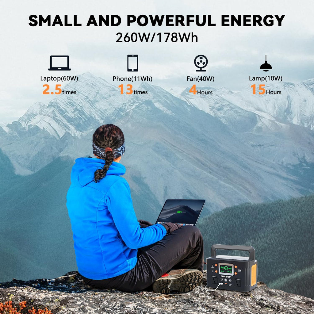 Station d'alimentation compact and portable HOWEASY, générateur solaire 260 W (500 W en crête) avec alimentation auxiliaire 65 W, prise secteur 110 V à onde sinusoïdale pure, batterie lithium de secours 48 000 mAh pour le camping, les voyages et les