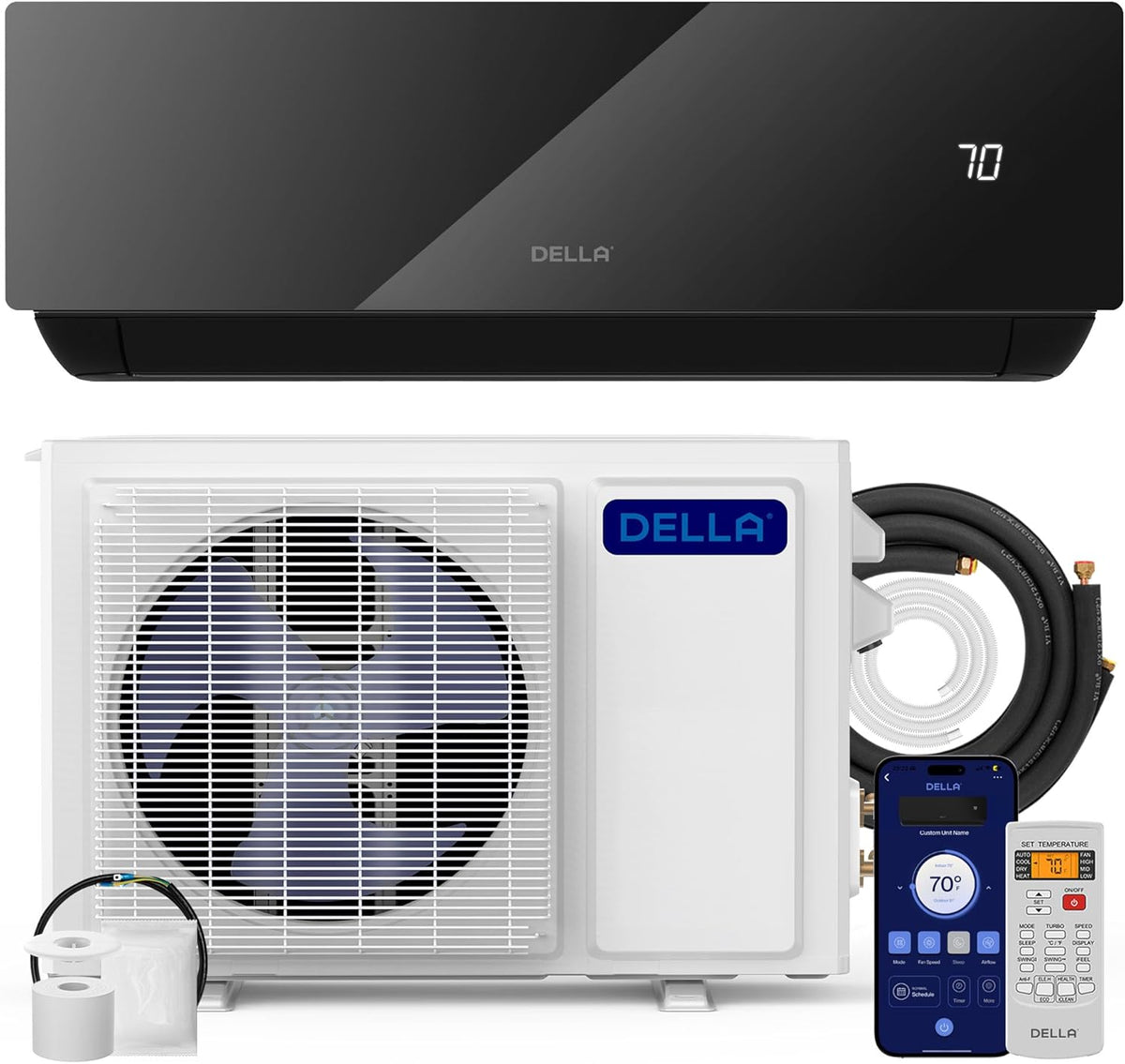 Climatiseur split DELLA Umbra Series 12 000 BTU, compatible avec Alexa, 20 SEER², refroidit jusqu'à 550 pi² (51 m²), système Inverter sans conduit avec pompe à chaleur préchargée de 1 tonne