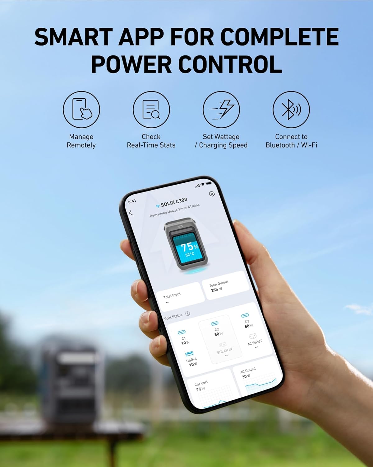 Station d'alimentation compact and portable Anker SOLIX C300, batterie LiFePO4 288 Wh, générateur solaire 300 W (600 W en crête), charge rapide bidirectionnelle 140 W pour le camping, les voyages et les situations d'urgence (panneau solaire en