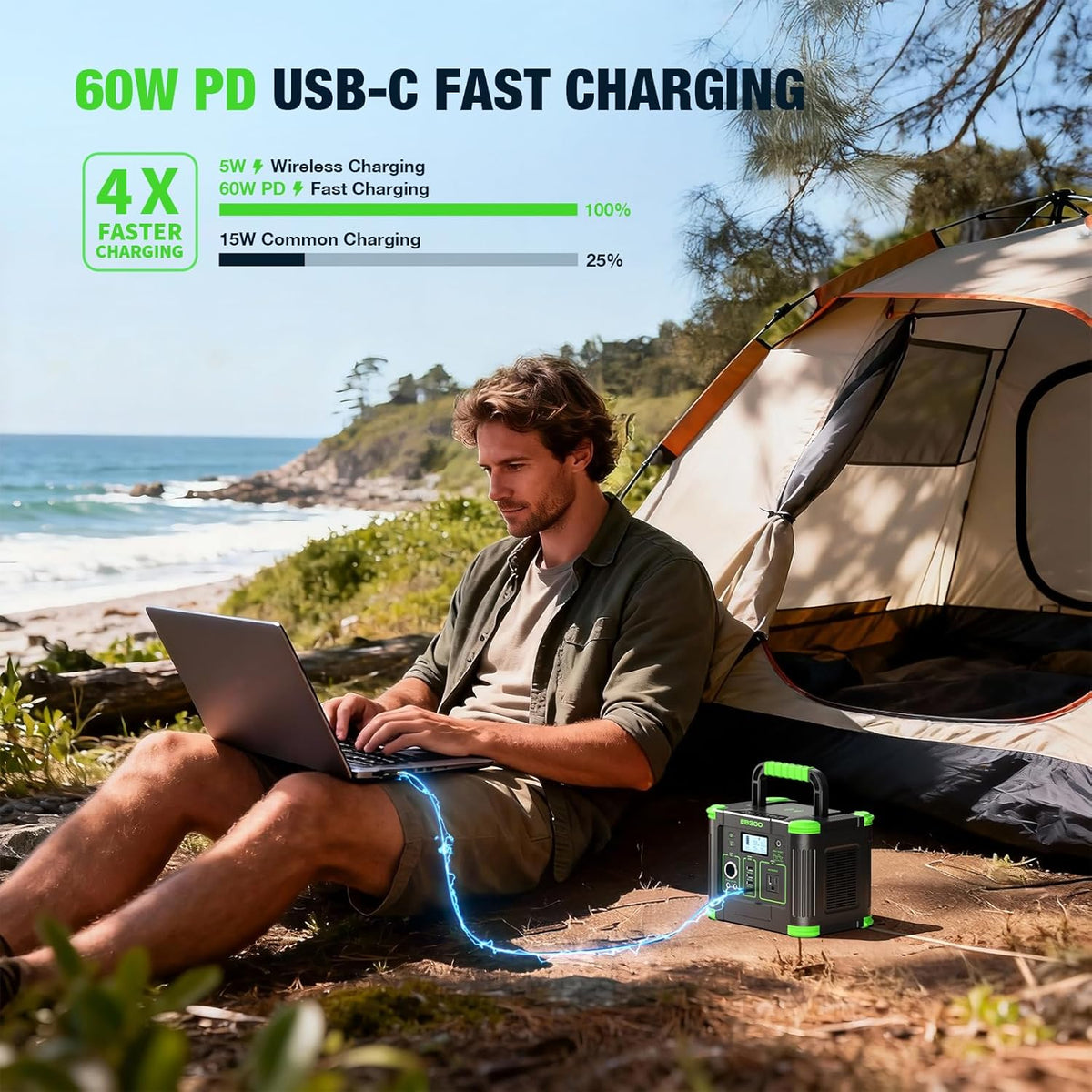 Station d'alimentation compact and portable 330 W, générateur solaire 288,6 Wh avec sortie USB-C PD 60 W, prise secteur 110 V à onde sinusoïdale pure, charge sans fil 5 W, alimentation multiport idéale pour le camping, les pannes de courant et les