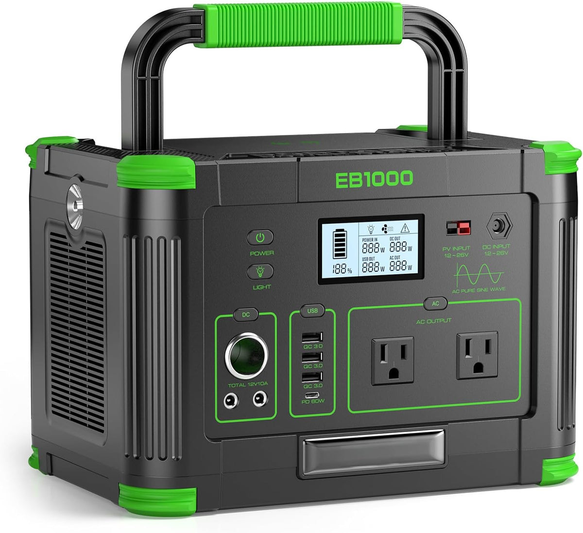 Centrale électrique compact and portable 1000 W (2000 W en crête) 999 Wh, générateur solaire 110 V à onde sinusoïdale pure, prise secteur avec charge rapide USB-C 60 W, idéale pour le camping, les caravanes, les fourgonnettes, les habitations