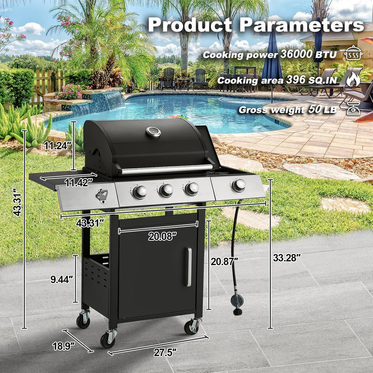 BBQ à gaz propane amélioré à 4 brûleurs avec grilles en fonte et réchaud latéral, brûleur en acier inoxydable de 44 000 BTU pour terrasse, camping et cuisine en plein air.