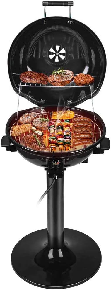 BBQ électrique Techwood 15 portions, utilisable en intérieur et en extérieur, conception à double couche, support amovible et portable, 1600 W (BBQ sur pied noir)