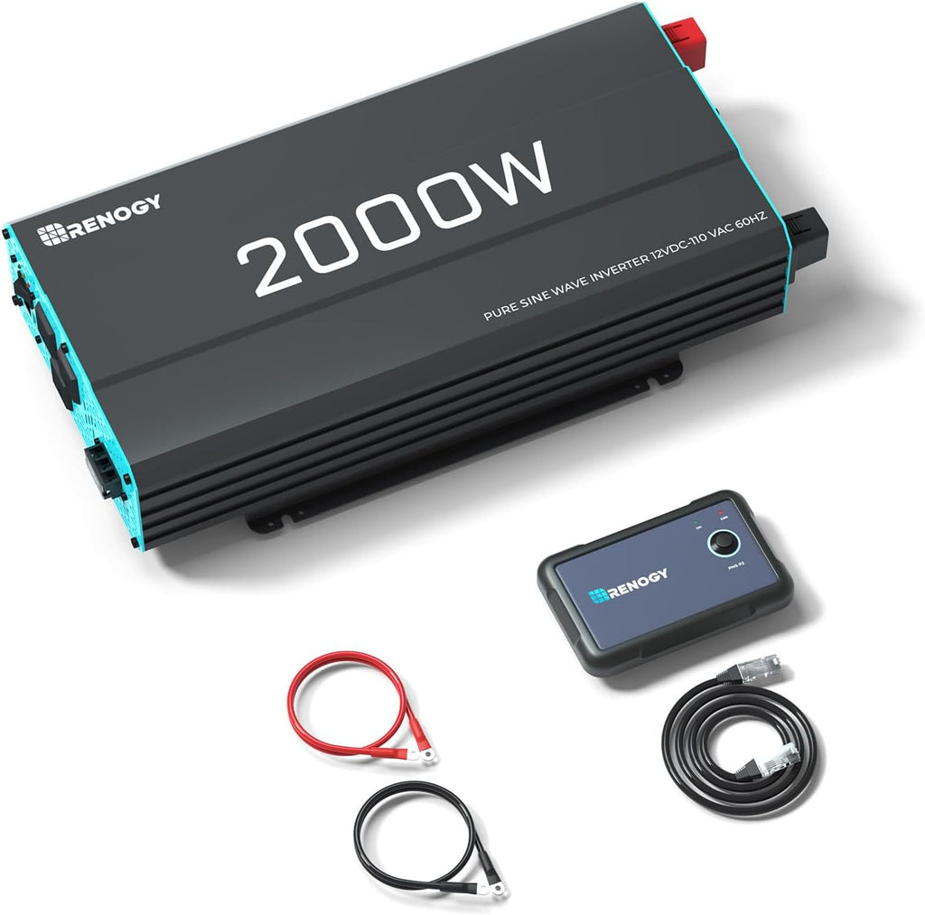 Onduleur Renogy P2 2000 W à onde sinusoïdale pure, convertisseur 12 V CC vers 110 V CA, onduleur solaire hors réseau pour véhicules, camions, camping-cars et maisons, avec port USB 5 V/2,1 A intégré et télécommande filaire.