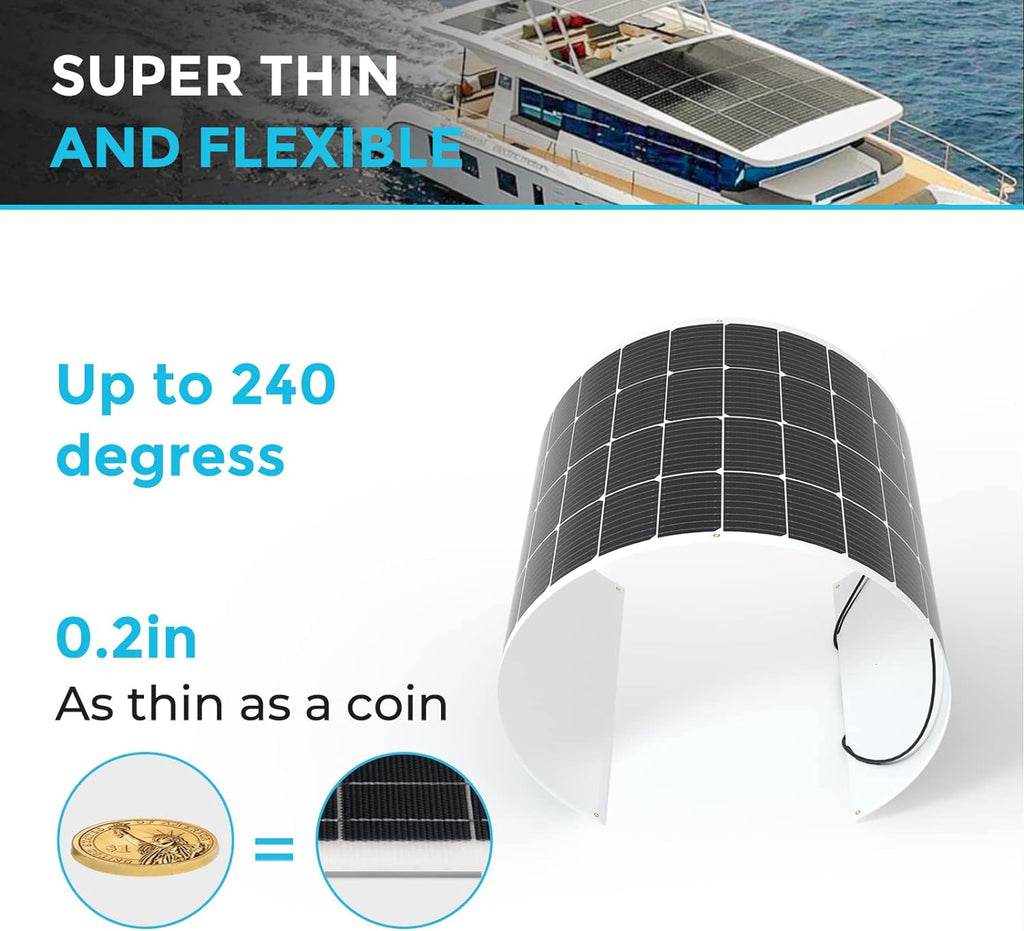 Panneaux solaires Renogy 200 W 12 V, flexibles, haute efficacité (22 %), ultra-légers, orientables à 240°, pour bateaux, camping-cars, cabines, fourgonnettes, voitures et surfaces courbes.