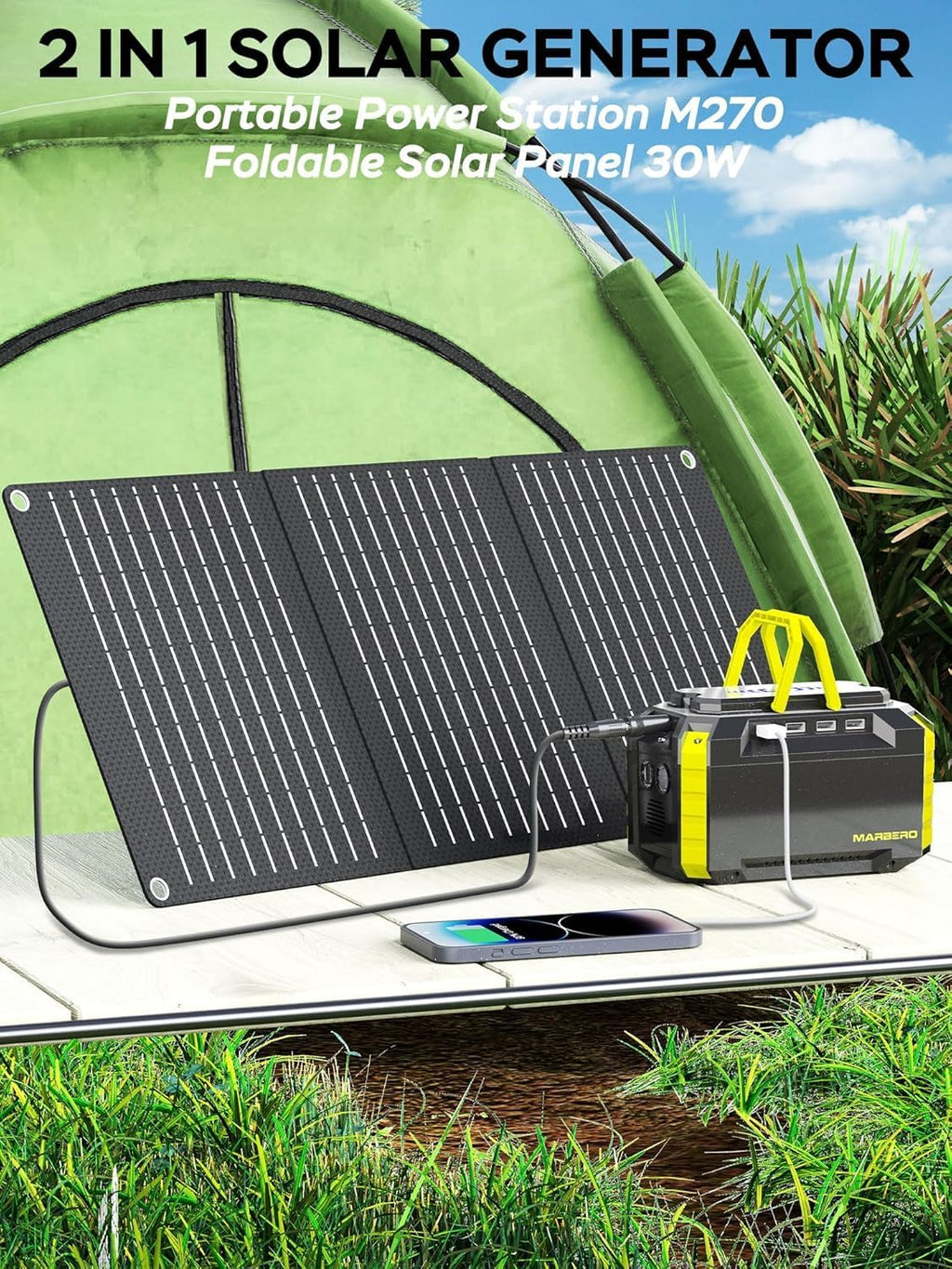 Générateur solaire MARBERO 150 Wc (crête), 150 Wh, station d'alimentation compact and portable avec panneau solaire inclus, alimentation secteur avec ports USB pour camping-car, pêche et situations d'urgence.