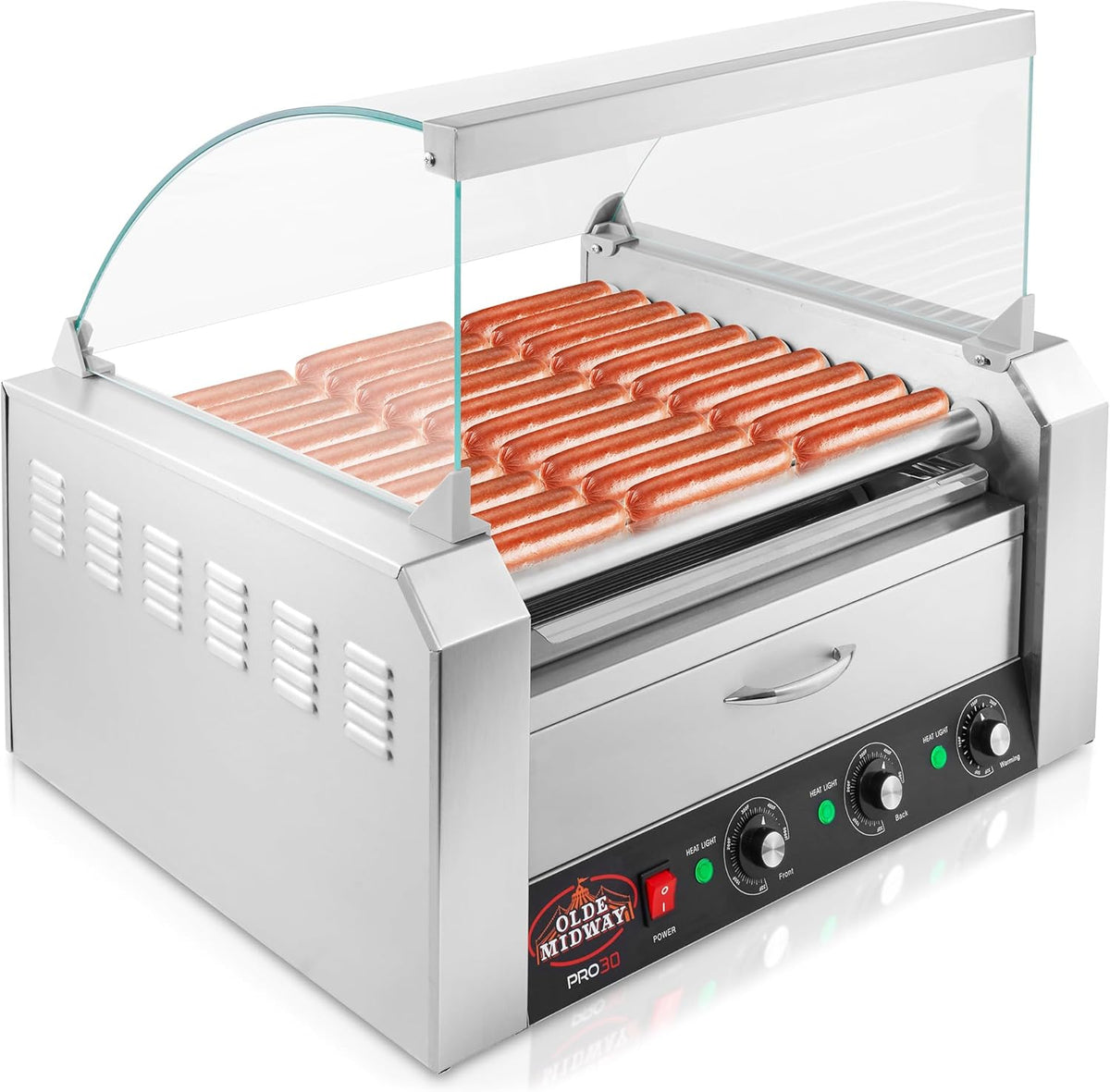 Machine à hot-dogs électrique Olde Midway 30 à 11 rouleaux avec tiroir chauffe-pains et couvercle - Qualité professionnelle, acier inoxydable