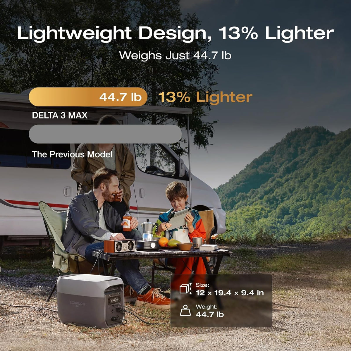 Station d'alimentation compact and portable EF ECOFLOW DELTA 3 MAX avec panneau solaire 220 W, puissance de sortie X-Boost de 3 400 W, charge ultra-rapide de 0 à 80 % en 1,13 h, idéale pour la maison et le camping-car.