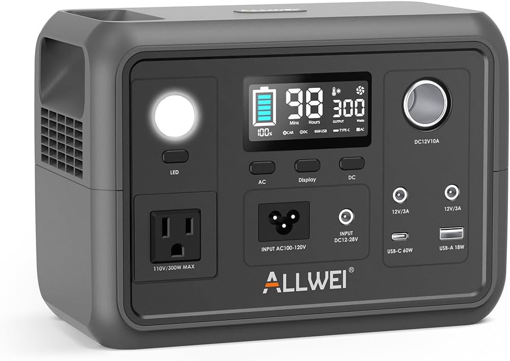Station d'alimentation compact and portable ALLWEI 300 W (600 W en crête) améliorée, batterie LiFePO4 de 256 Wh, générateur solaire avec 6 ports de sortie, alimentation de secours pour le camping, les voyages, les pannes de courant et l'utilisation