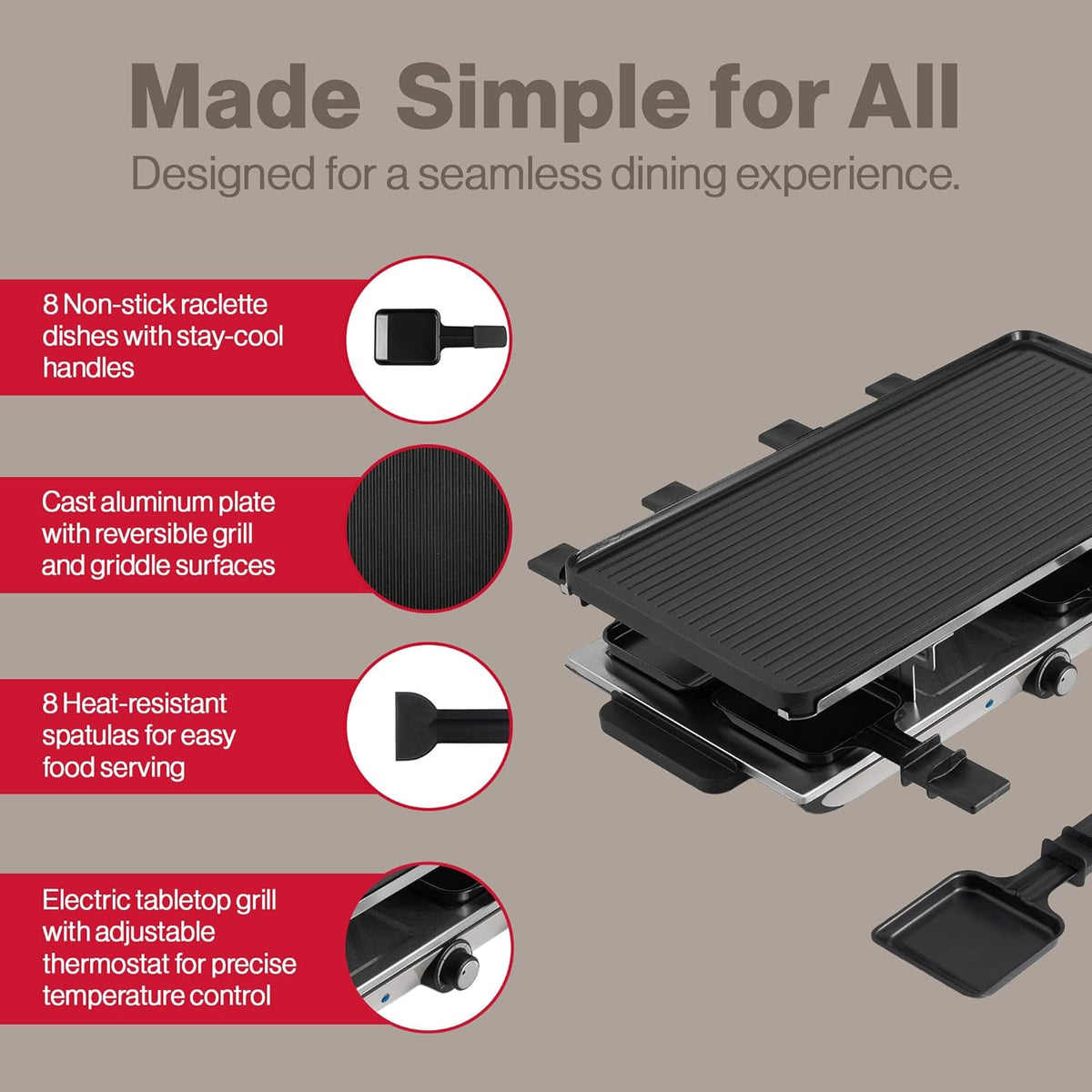 BBQ Grill à raclette Swissmar Geneva avec plaque de cuisson réversible en fonte d'aluminium - Idéal pour une utilisation intérieure et extérieure - BBQ convivial - 8 personnes
