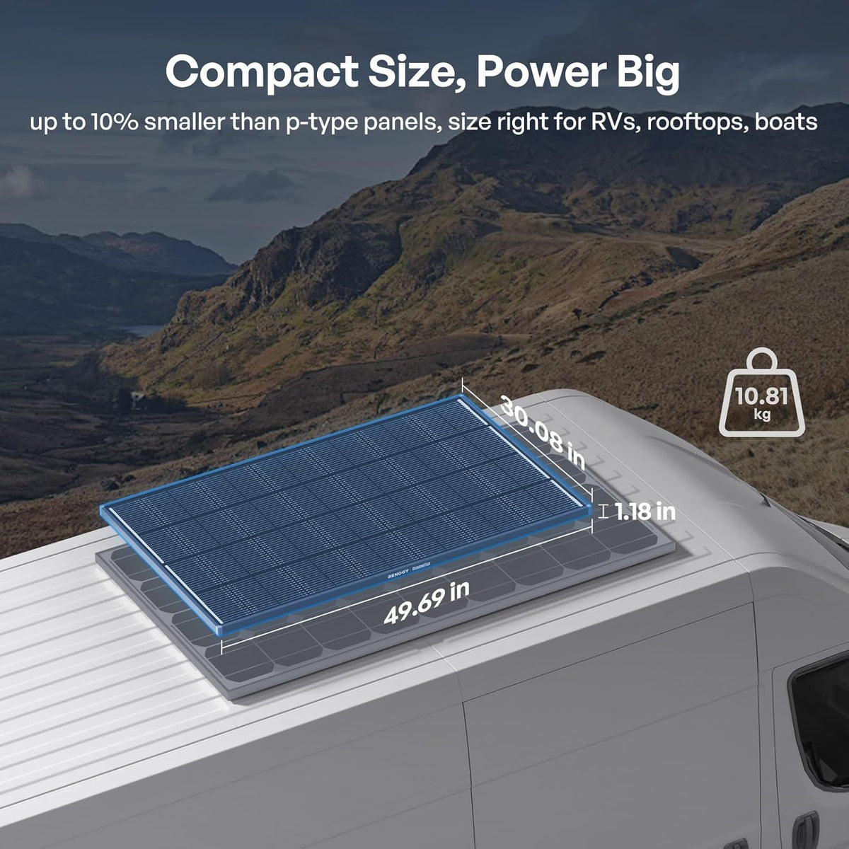 Panneau solaire Renogy ShadowFlux 200 W anti-ombrage, type N, système 12 V/24 V, module photovoltaïque haute efficacité (25 %), chargeur pour camping-cars, bateaux, toitures, exploitations agricoles, batteries et applications hors réseau.