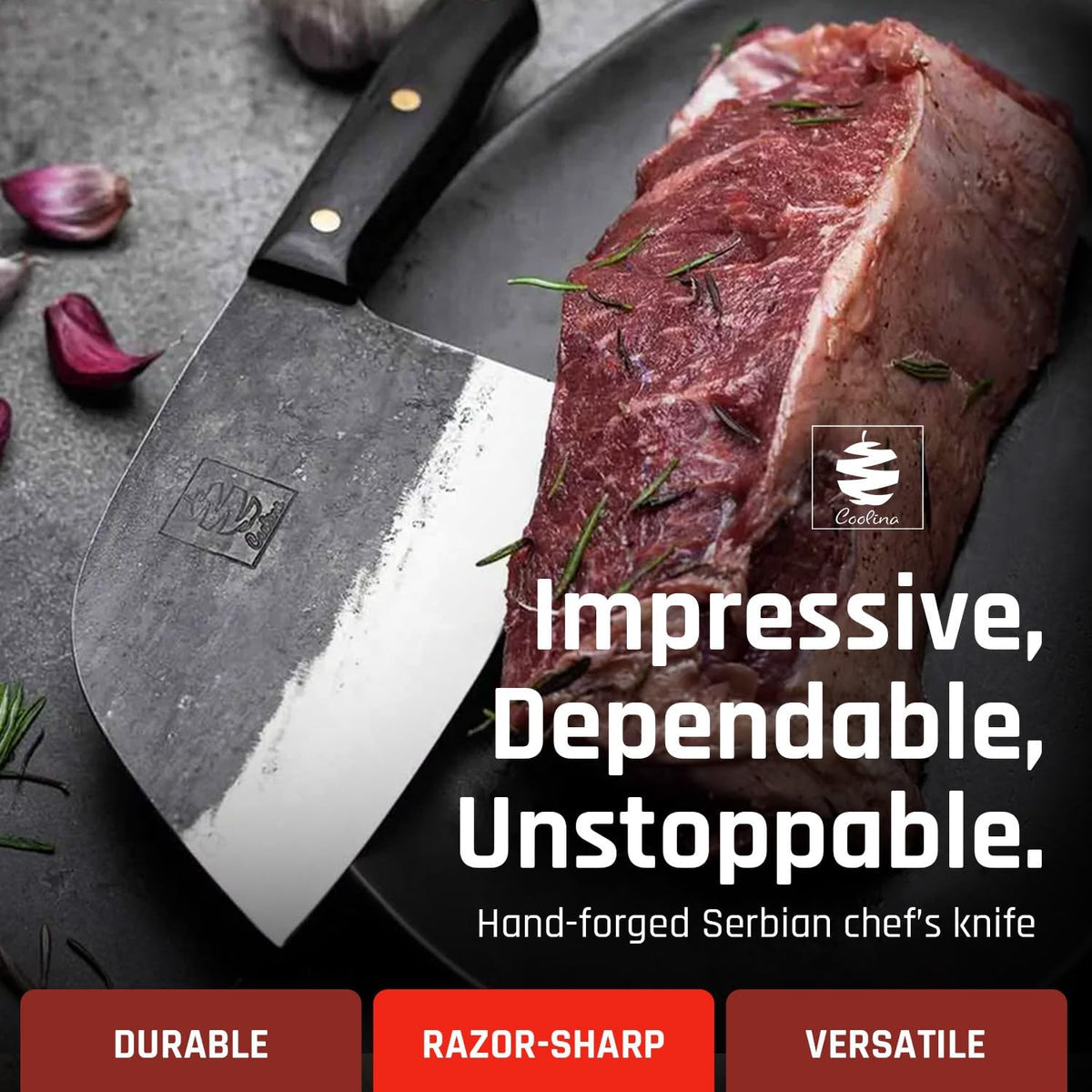Couteau COOLINA Promaja – Couteau à découper, à griller, à viande, à trancher, couteau de boucher et de chef – Outil de cuisine indispensable