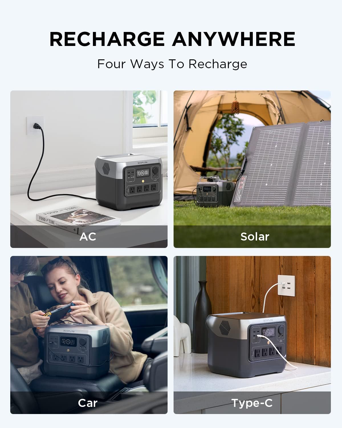 Station d'alimentation compact and portable EF ECOFLOW RIVER 2 Pro, batterie LiFePO4 768 Wh, charge rapide 70 min, 4 prises CA (X-Boost 1600 W), générateur solaire pour camping, caravanes et usage domestique, noir.