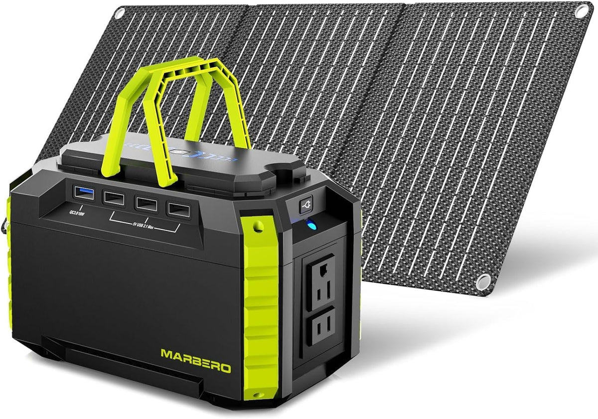 Générateur solaire MARBERO 150 Wc (crête), 150 Wh, station d'alimentation compact and portable avec panneau solaire inclus, alimentation secteur avec ports USB pour camping-car, pêche et situations d'urgence.