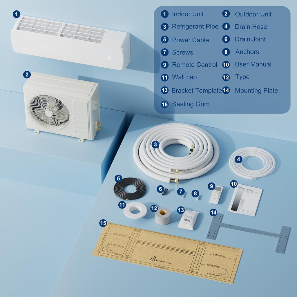 Système de climatisation/chauffage mini split 12 000 BTU, 19 SEER2, système inverter sans conduit écoénergétique 110/120 V, refroidit jusqu'à 750 pi² avec condenseur préchargé, pompe à chaleur et kits d'installation inclus.
