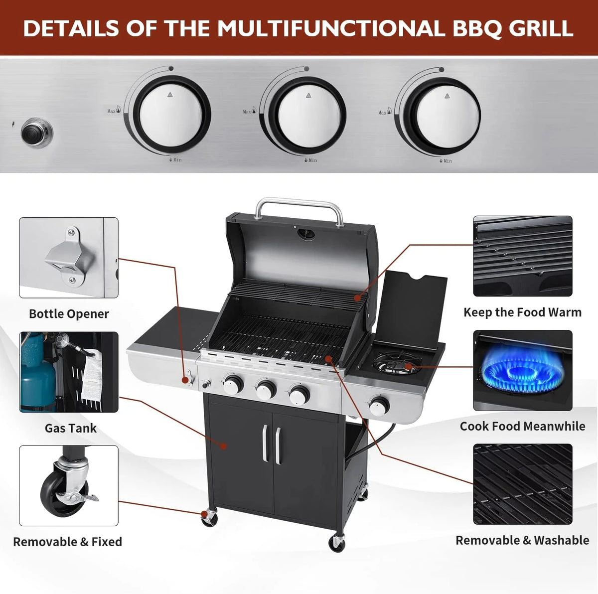 BBQ à gaz propane amélioré à 4 brûleurs avec grilles en fonte et réchaud latéral, brûleur en acier inoxydable de 44 000 BTU pour terrasse, camping et cuisine en plein air.