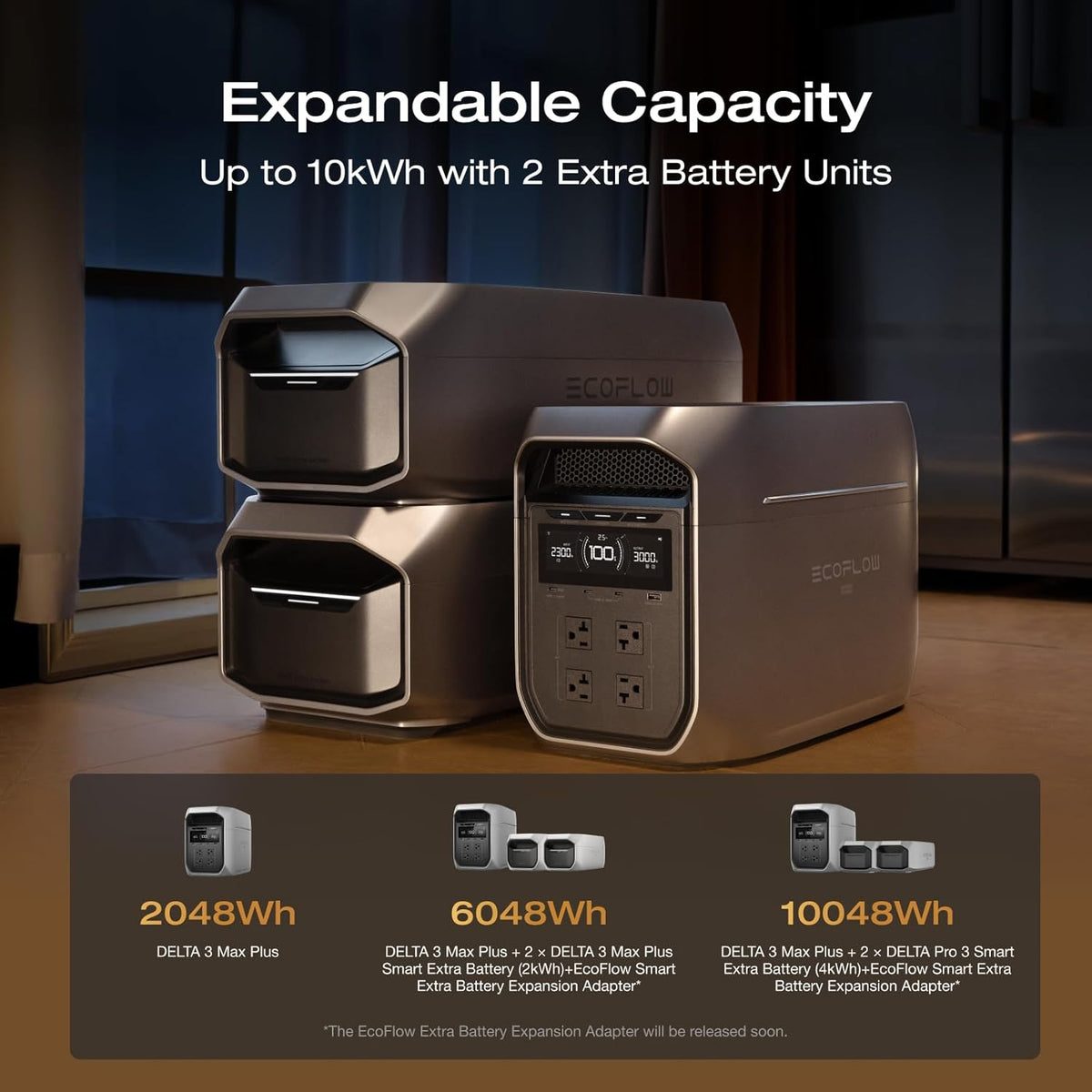 Centrale électrique compact and portable EF ECOFLOW DELTA 3 Max Plus avec batterie LiFePO4 2048 Wh et générateur solaire (panneau solaire en option). Puissance maximale de 3000 W. Recharge rapide de 0 à 80 % en 64 minutes. Solution fiable pour la