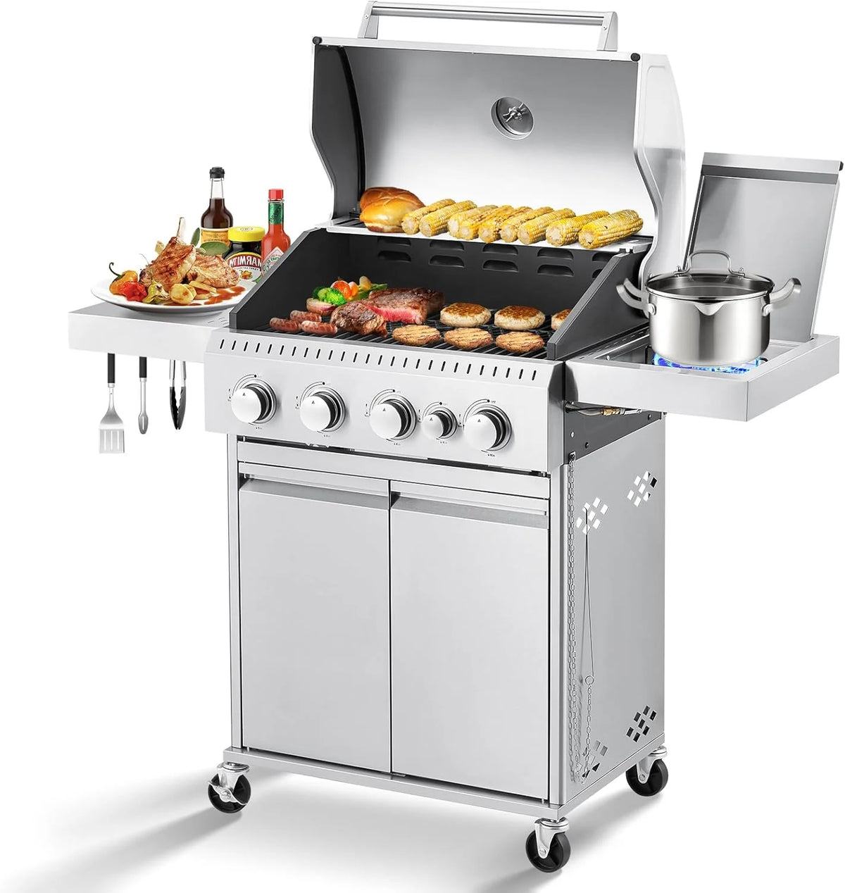 BBQ à gaz propane amélioré à 4 brûleurs avec grilles en fonte et réchaud latéral, brûleur en acier inoxydable de 44 000 BTU pour terrasse, camping et cuisine en plein air.