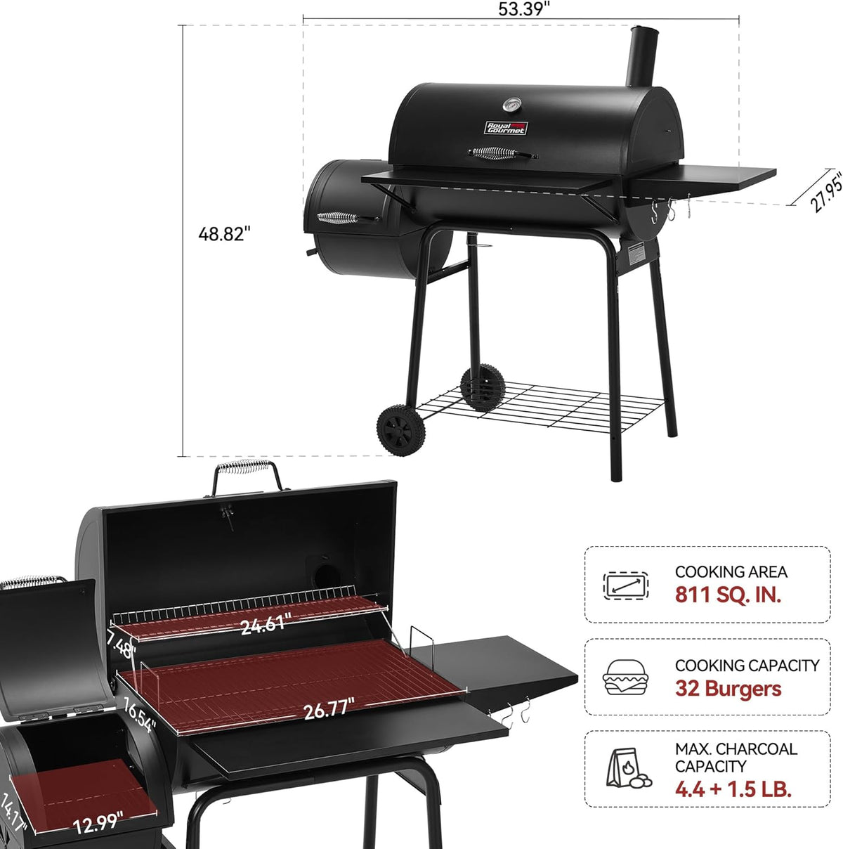 BBQ à charbon Royal Gourmet CC1830SC, fumoir décalé avec couvercle, 811 pouces carrés, noir, pour le camping en extérieur