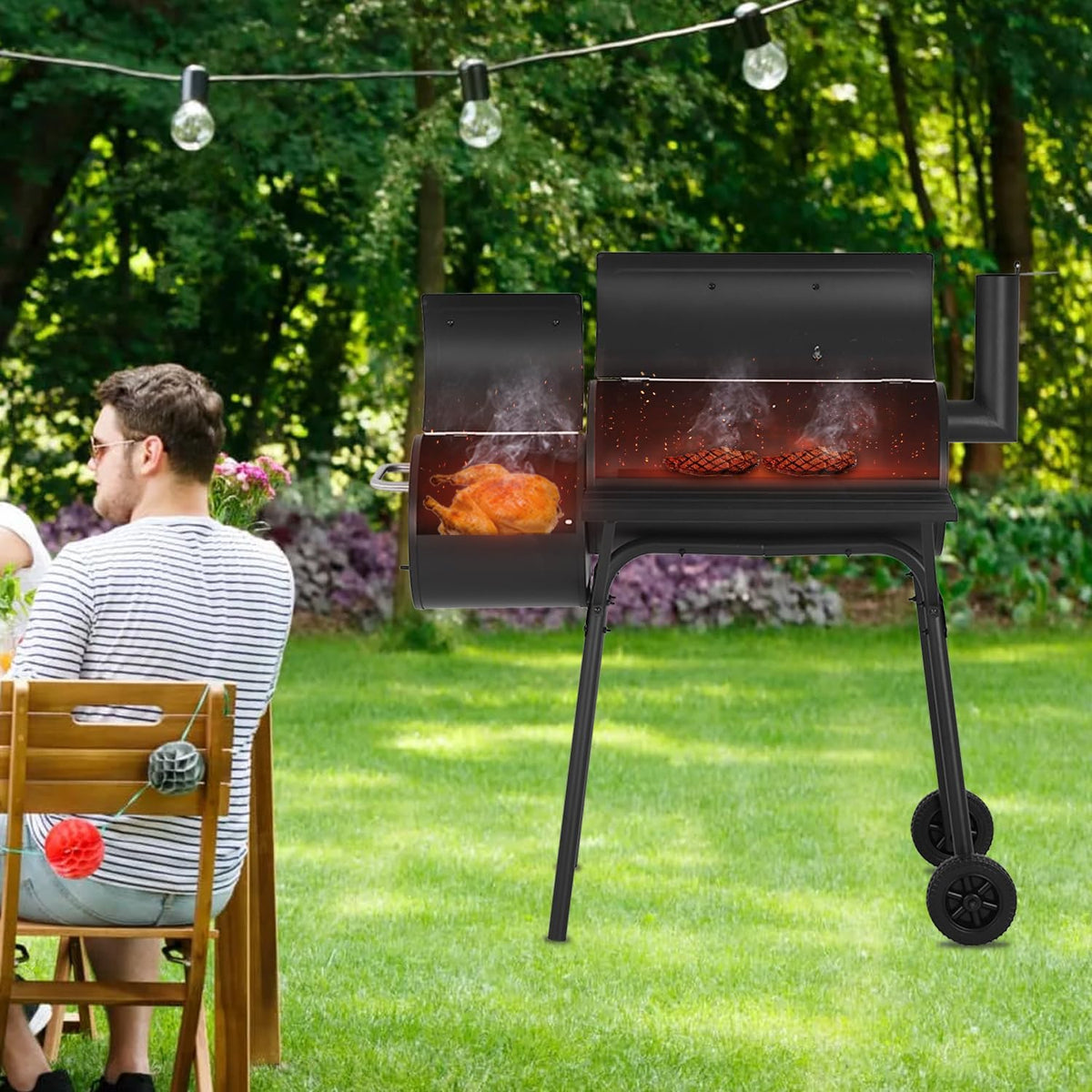 BBQ à charbon FDW de 109 cm (43 pouces) pour plusieurs personnes, avec double grille de cuisson, idéal pour le camping, le jardin, la terrasse et les fêtes, noir.