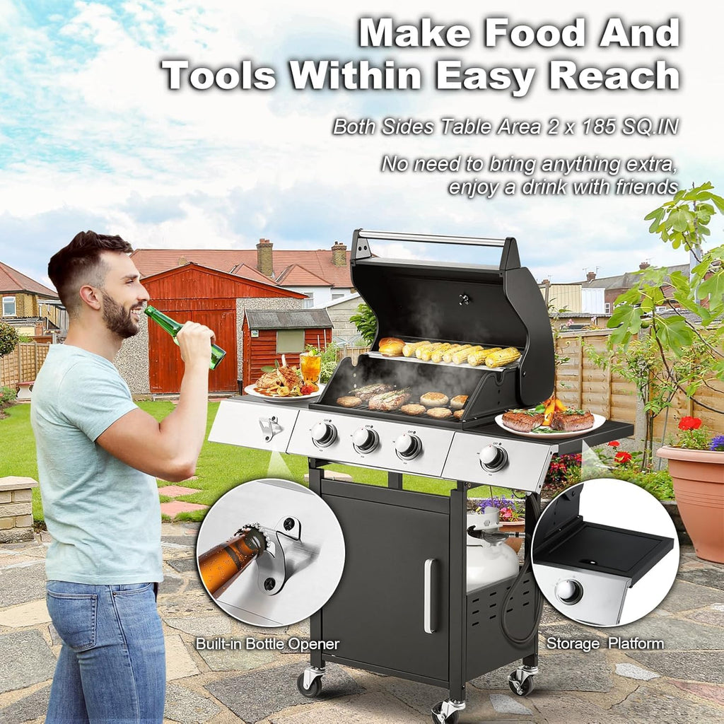 BBQ à gaz propane amélioré à 4 brûleurs avec grilles en fonte et réchaud latéral, brûleur en acier inoxydable de 44 000 BTU pour terrasse, camping et cuisine en plein air.