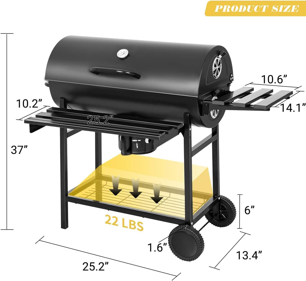 BBQ à charbon Flamaker, style tonneau, avec trois grilles, thermomètre, plaque de cuisson double couche en fonte chromée et récupérateur de cendres, idéal pour le camping et les activités de plein air.