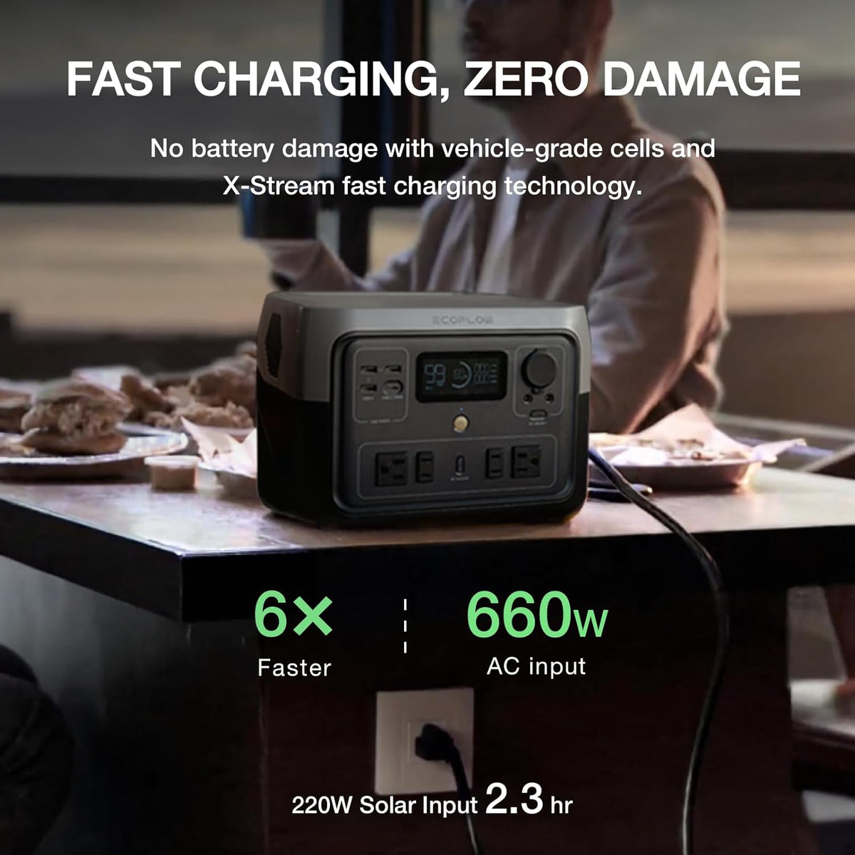 Centrale électrique compact and portable EF ECOFLOW River 2 Max 500 : batterie LiFePO4 de 499 Wh, charge rapide en 1 heure, puissance jusqu’à 1 000 W (panneau solaire en option), idéale pour le camping, les caravanes et la maison.
