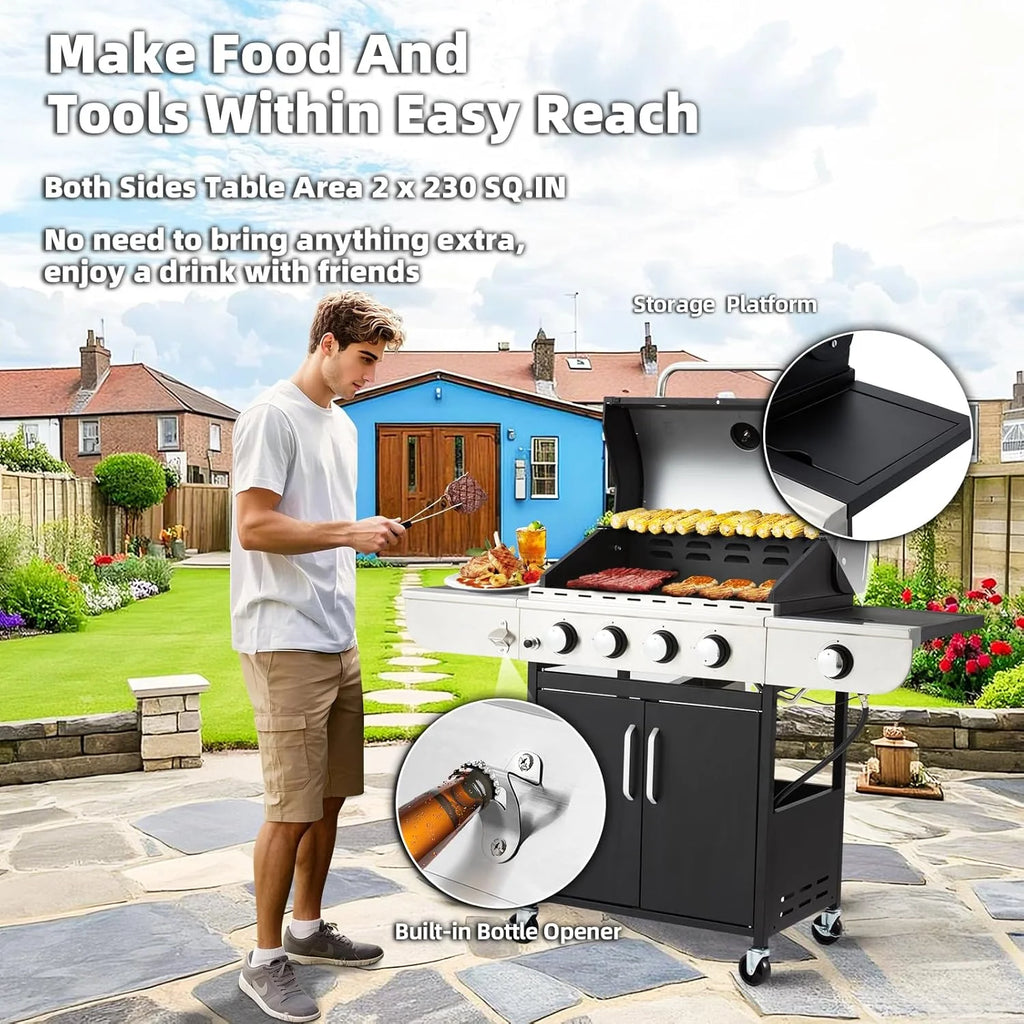 BBQ à gaz propane amélioré à 4 brûleurs avec grilles en fonte et réchaud latéral, brûleur en acier inoxydable de 44 000 BTU pour terrasse, camping et cuisine en plein air.