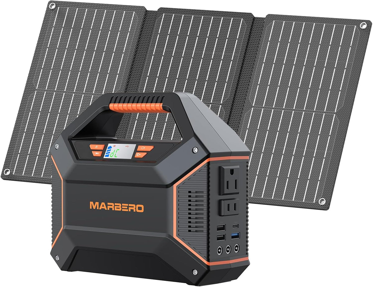 Générateur solaire MARBERO 155 Wh avec panneau solaire 30 W, station d'alimentation compact and portable, sortie multiple 100 W, lampe torche LED intégrée et câble de 2 m, ultra-léger pour le camping et les situations d'urgence en cas de panne de