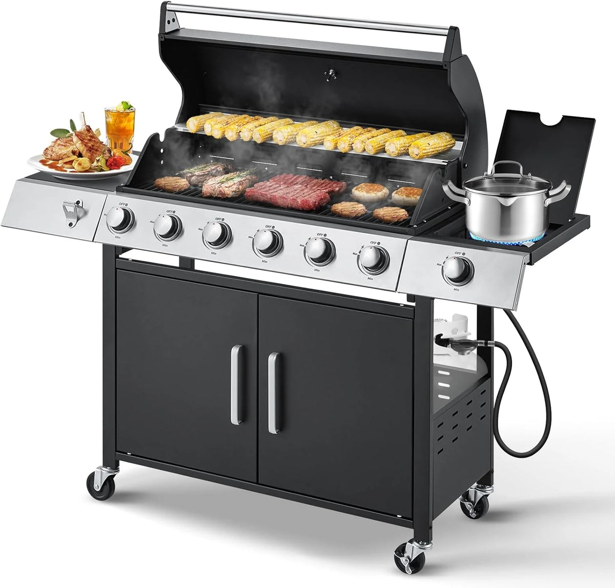 BBQ à gaz propane amélioré à 4 brûleurs avec grilles en fonte et réchaud latéral, brûleur en acier inoxydable de 44 000 BTU pour terrasse, camping et cuisine en plein air.