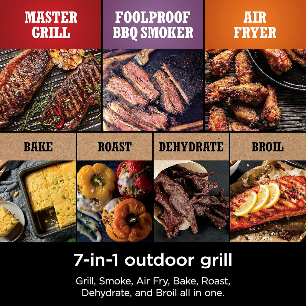 Ninja | Série Feu de Bois | 7 en 1 (BBQ Grill, BBQ, Rôtissage, Friture à Air, Déshydratation, Grillage, Fumage) | Portable et résistant aux intempéries | Cuisson jusqu'à 6 steaks et 30 hot-dogs | Granulés de bois inclus | OG701