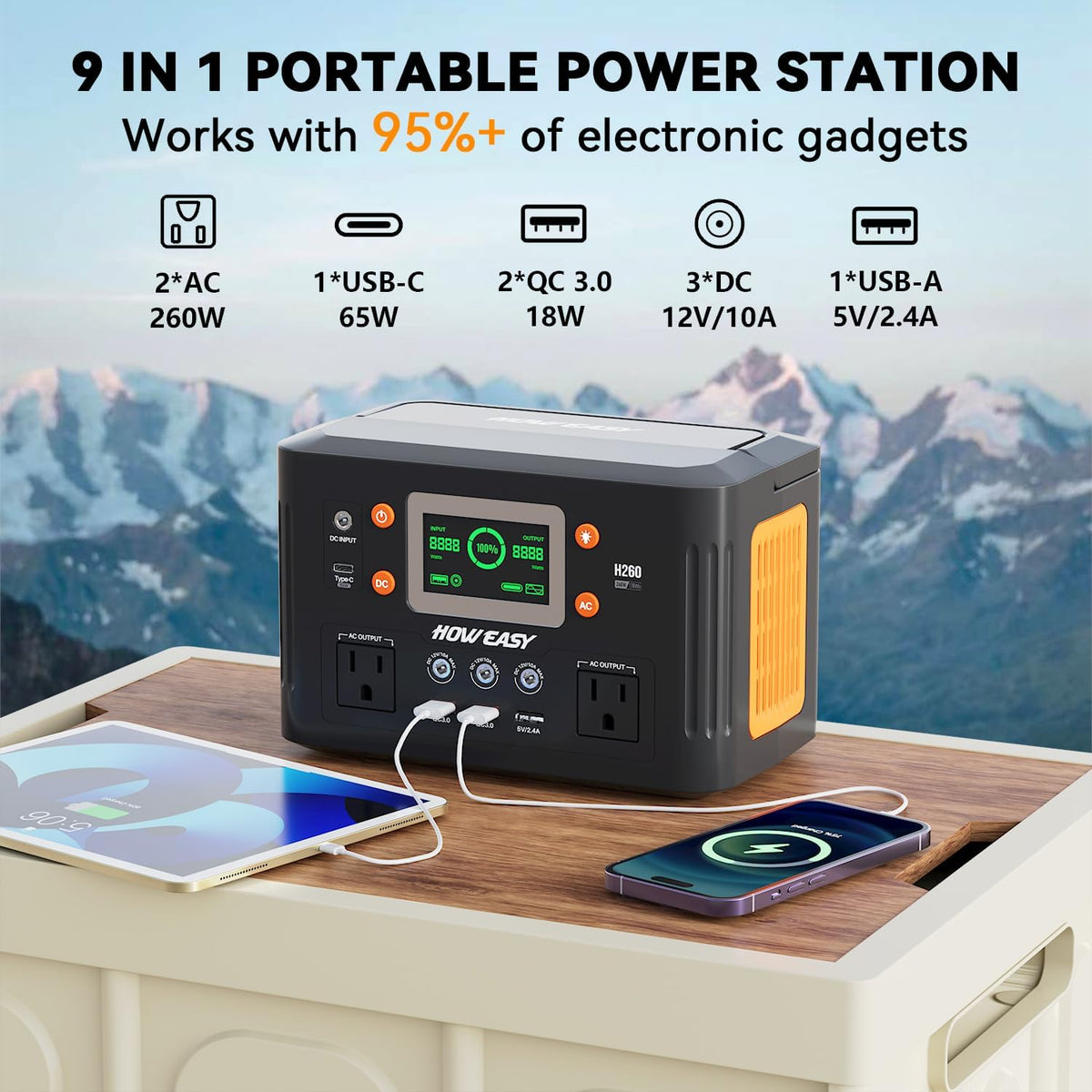 Station d'alimentation compact and portable HOWEASY, générateur solaire 260 W (500 W en crête) avec alimentation auxiliaire 65 W, prise secteur 110 V à onde sinusoïdale pure, batterie lithium de secours 48 000 mAh pour le camping, les voyages et les