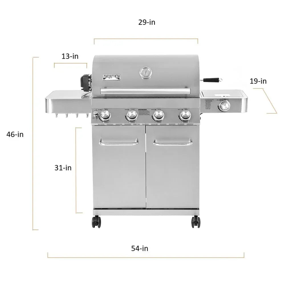 Gril à gaz propane Monument Grills 17842 en acier inoxydable à 4 brûleurs avec rôtissoire