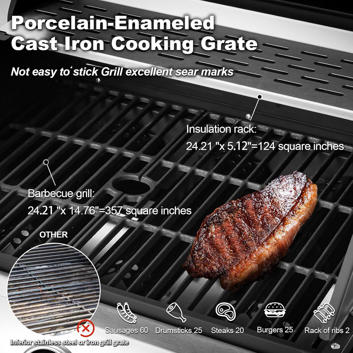 BBQ à gaz propane amélioré à 4 brûleurs avec grilles en fonte et réchaud latéral, brûleur en acier inoxydable de 44 000 BTU pour terrasse, camping et cuisine en plein air.