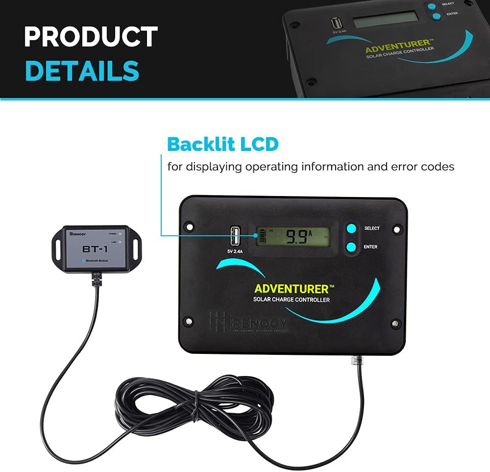 Kit de panneau solaire monocristallin Renogy 200 W 12 V pour camping-car, avec contrôleur de charge PWM LCD Adventurer 30 A et supports de montage pour camping-car, bateau, caravane et système d'énergie solaire autonome.