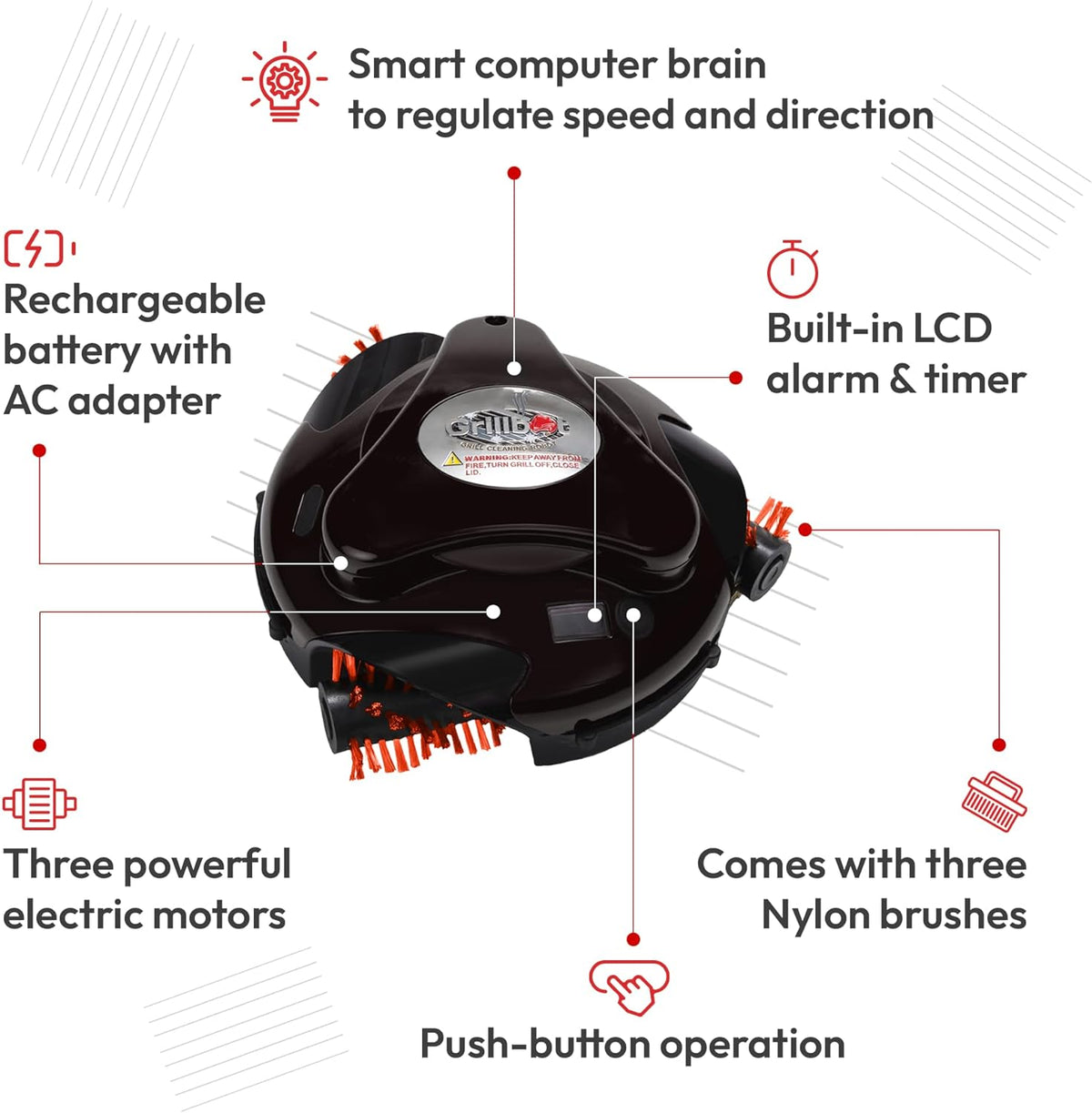 Robot de nettoyage automatique pour BBQ Grillbot avec brosses en nylon, brosse de nettoyage et grattoir pour BBQ, accessoires pour BBQ (Grillbot rouge + étui de transport)