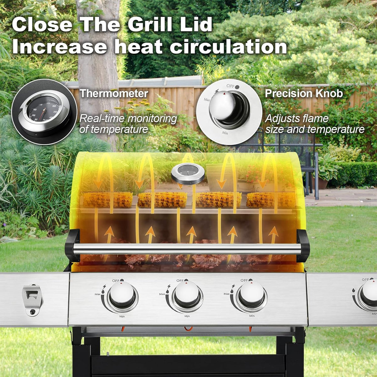 BBQ à gaz propane amélioré à 4 brûleurs avec grilles en fonte et réchaud latéral, brûleur en acier inoxydable de 44 000 BTU pour terrasse, camping et cuisine en plein air.