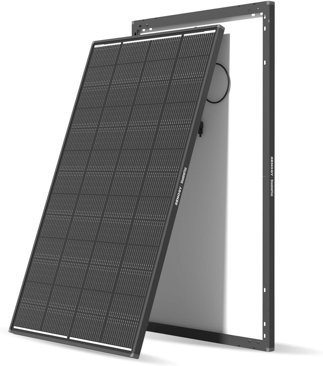 Panneau solaire Renogy ShadowFlux 200 W anti-ombrage, type N, système 12 V/24 V, module photovoltaïque haute efficacité (25 %), chargeur pour camping-cars, bateaux, toitures, exploitations agricoles, batteries et applications hors réseau.