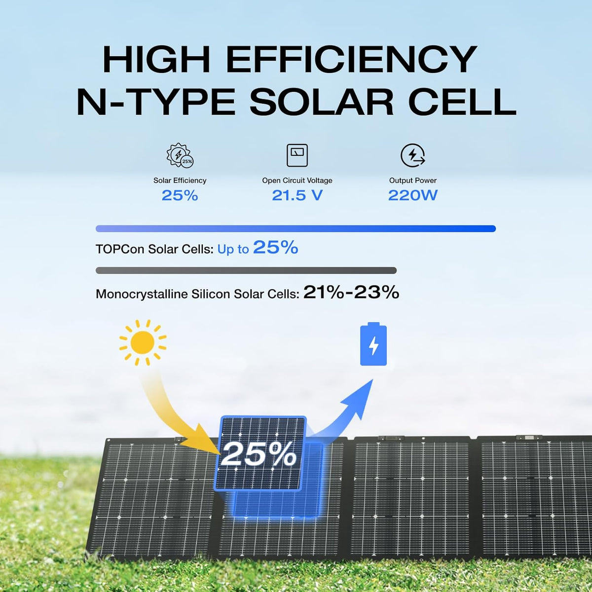 Panneau solaire compact and portable EF ECOFLOW 220 W, conception bifaciale, rendement de conversion jusqu'à 25 %, cellules solaires de type N, support réglable, étanche IP68, pliable, idéal pour le camping, les caravanes et comme solution de