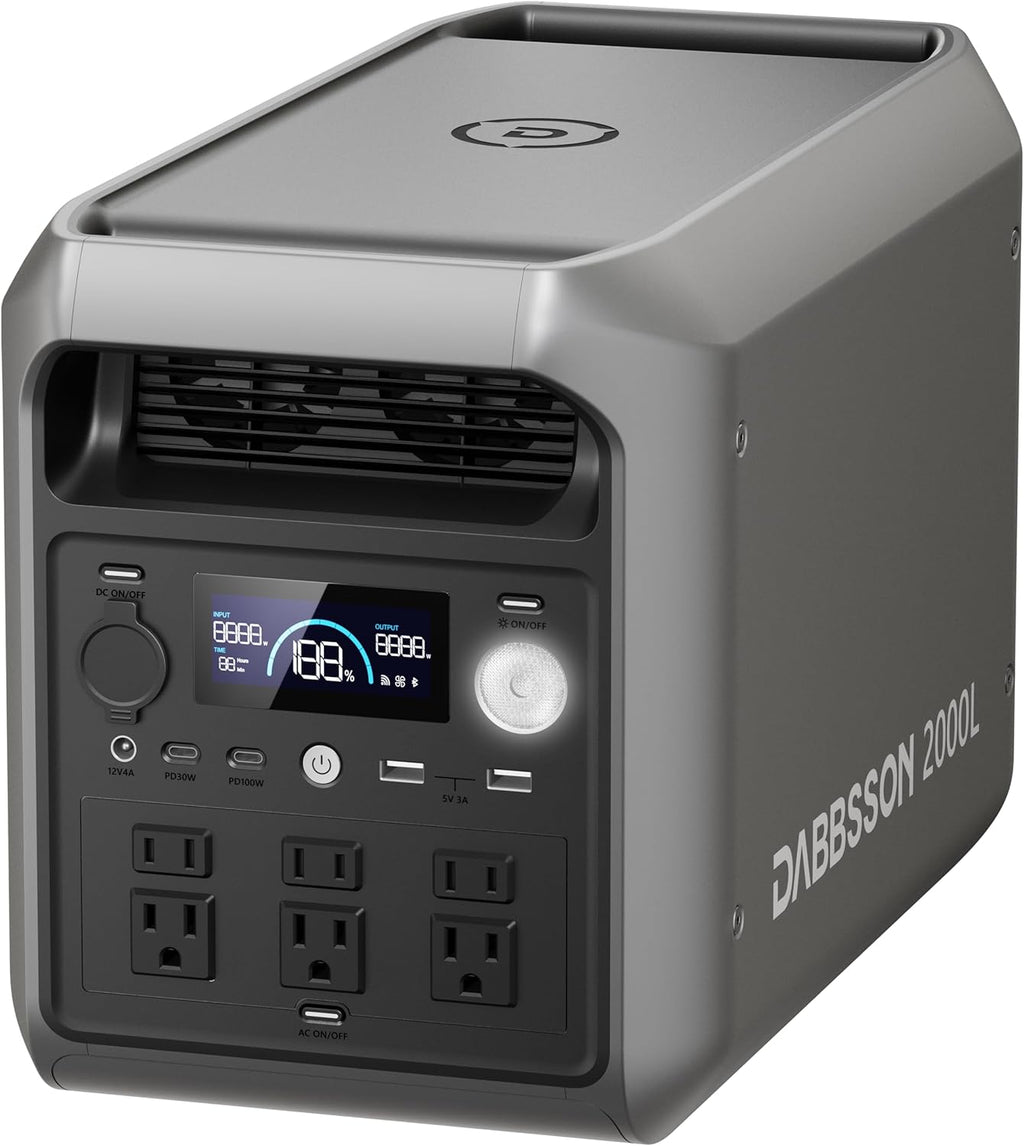 Centrale électrique compact and portable DABBSSON 2048 Wh, batterie LiFePO4 semi-solide sécurisée, puissance boost de 3300 W, sortie CA de 2200 W x 6, poids de 18,6 kg, compacte et légère, autonomie multipliée par 1,3, générateur solaire 2000 L pour