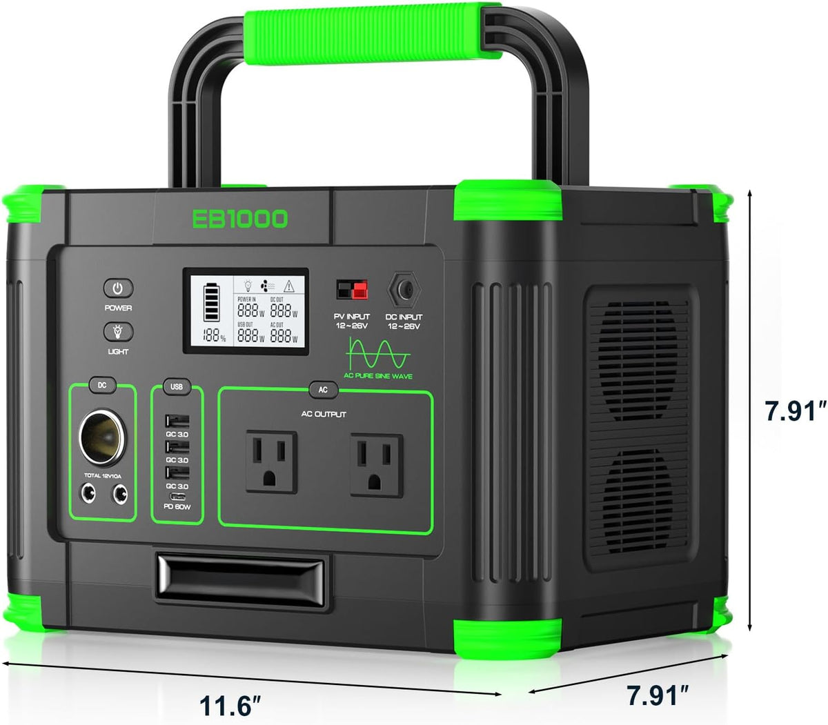 Centrale électrique compact and portable 1000 W (2000 W en crête) 999 Wh, générateur solaire 110 V à onde sinusoïdale pure, prise secteur avec charge rapide USB-C 60 W, idéale pour le camping, les caravanes, les fourgonnettes, les habitations