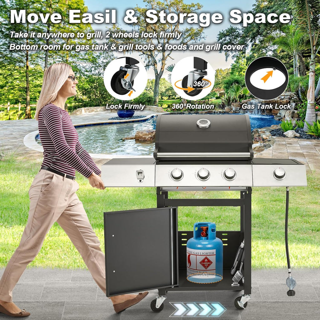 BBQ à gaz propane amélioré à 4 brûleurs avec grilles en fonte et réchaud latéral, brûleur en acier inoxydable de 44 000 BTU pour terrasse, camping et cuisine en plein air.