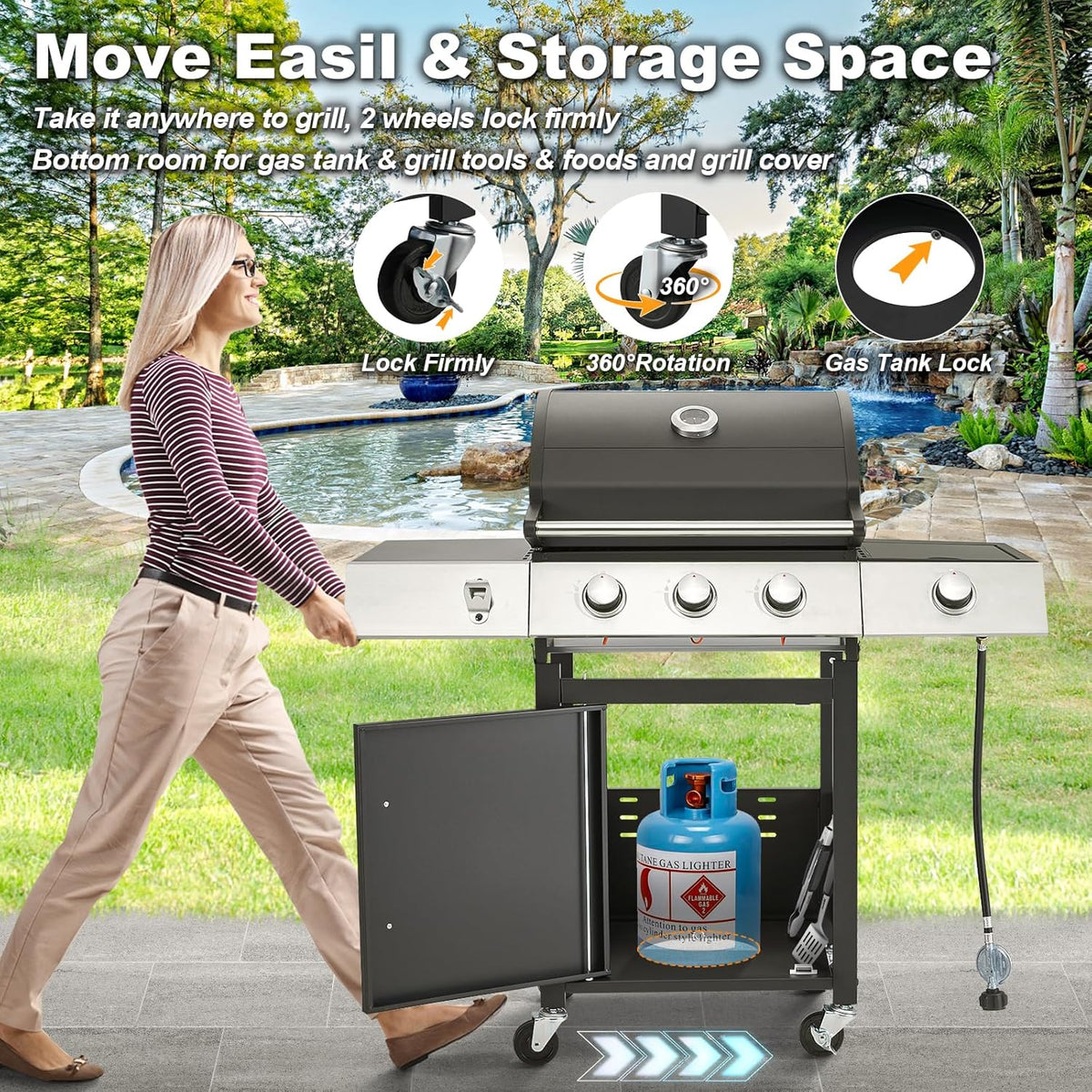 BBQ à gaz propane amélioré à 4 brûleurs avec grilles en fonte et réchaud latéral, brûleur en acier inoxydable de 44 000 BTU pour terrasse, camping et cuisine en plein air.