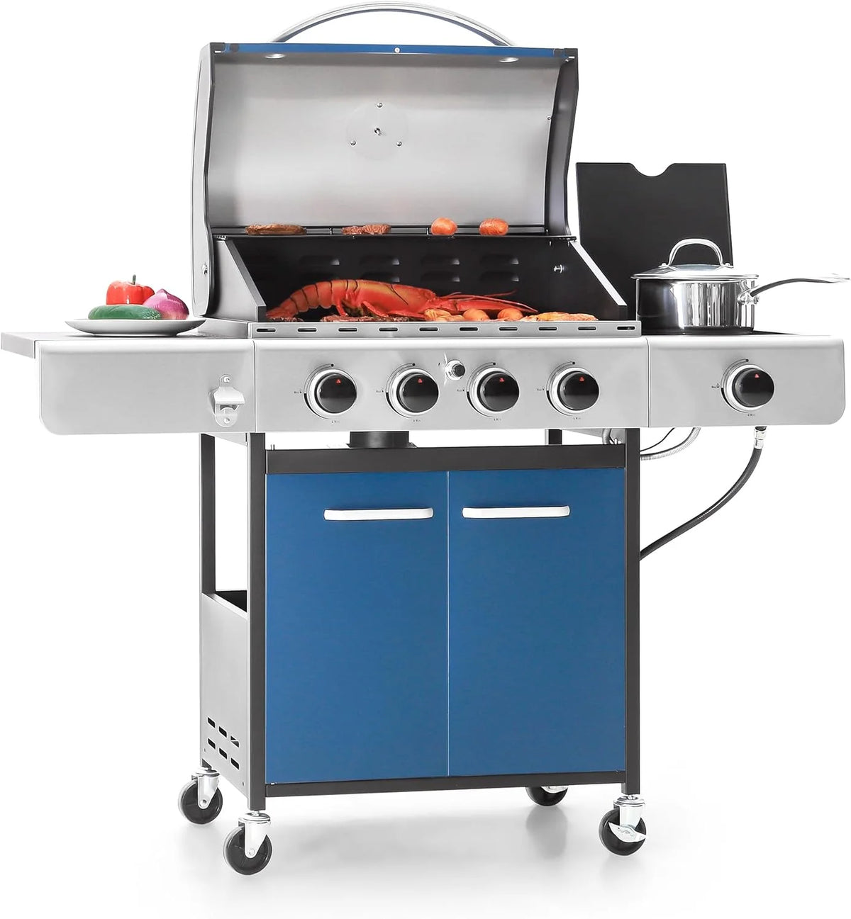 BBQ à gaz propane avec brûleur latéral et grilles en fonte émaillée, puissance de 42 000 BTU, grille en acier inoxydable pour la cuisine extérieure, la terrasse et le jardin - Captiva