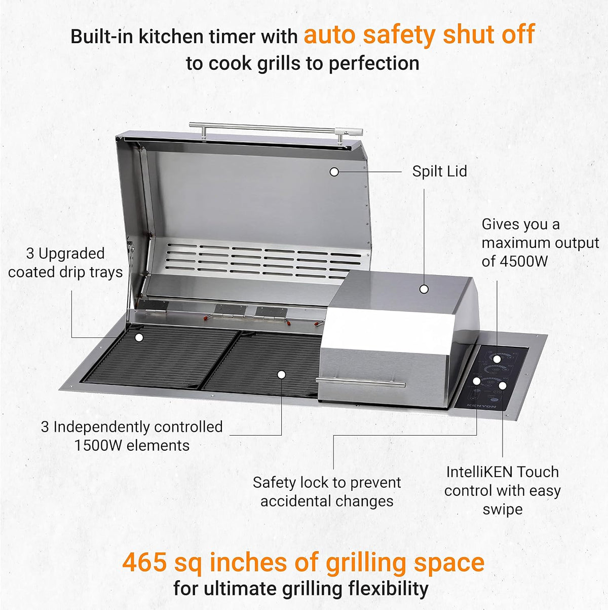 BBQ Grill électrique Kenyon « The Big American BBQ Grill », avec 3 brûleurs et couvercle en deux parties, corps en acier inoxydable, grille antirouille avec commandes tactiles IntelliKEN, homologué UL pour une utilisation intérieure et extérieure